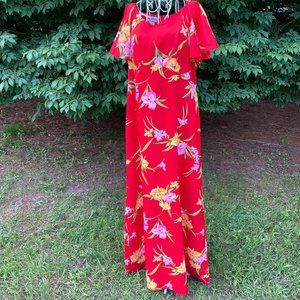 70s vintage maxi dress | M | Hawaiian floral red yellow 1970s Hawaii Hukilau